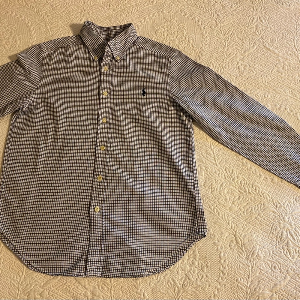Ralph Lauren Boys Button Down L/S shirt M (10-12) White with blue black